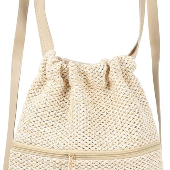 Handbags - Women Straw Woven Small Backpack Drawstring Shoulder Bag for Daily Use